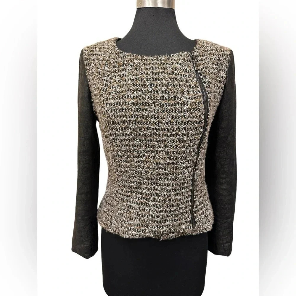 Alberto Makali Tweed Faux Leather Peplum Moto Jacket with Corset Back Size Small